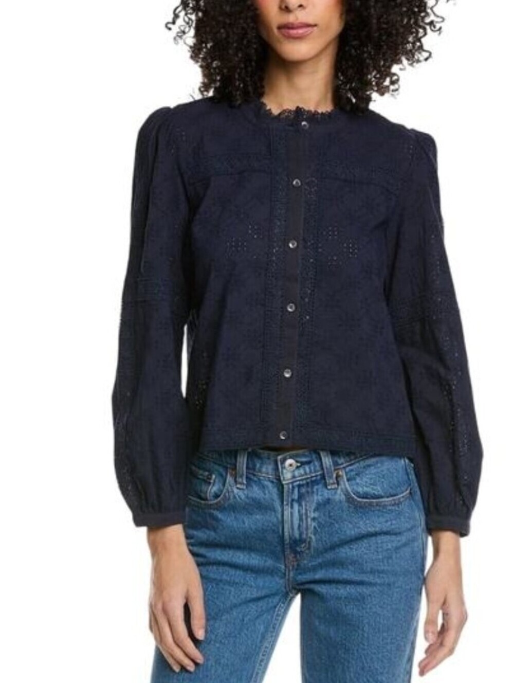 J.Mclaughlin Hilarie Blouse Women's Small Boho Peasant Cotton Lace Navy Blue
